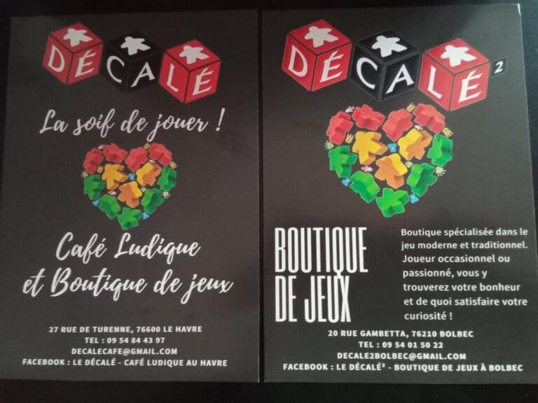 Deux cartes publicitaires Décalé café ludique et boutique jeux