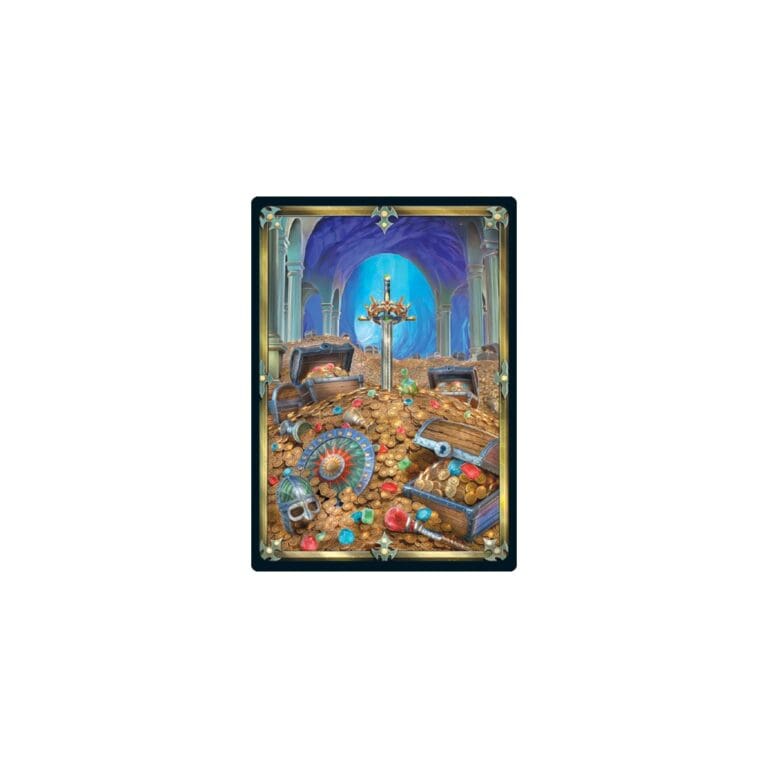 Carte de tarot illustrée avec trésor et croix dorée