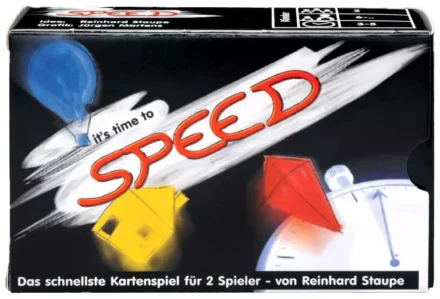 Boîte de jeu de cartes Speed avec fusée et éléments colorés