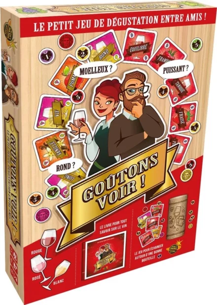 Boîte de jeu de dégustation de vin avec couple souriant