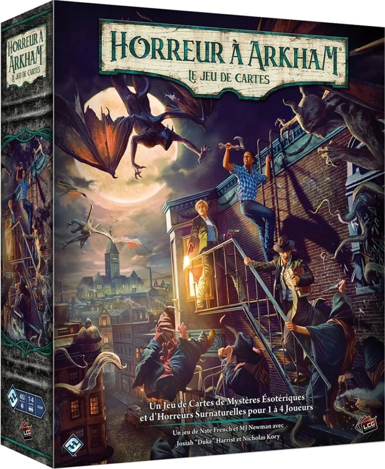 Boîte jeu de cartes Horreur à Arkham illustrée avec créatures surnaturelles