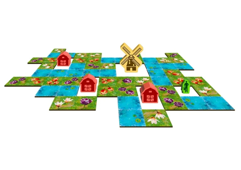 Jeu de plateau modular avec tuiles ferme, maisons et moulin