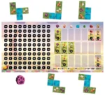 Plateau de jeu numéroté avec tuiles florales et pièces colorées