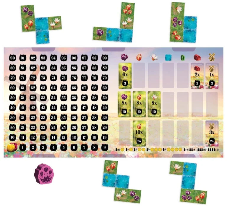Plateau de jeu numéroté avec tuiles florales et pièces colorées